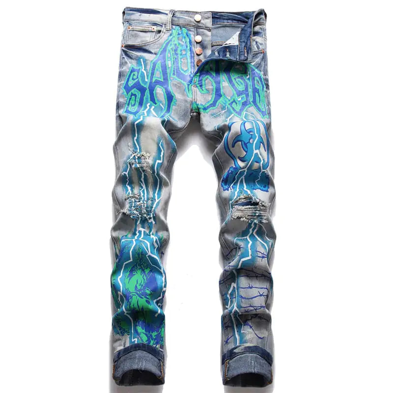 Skinny Men's Jeans with Stretch Print Dye Design.