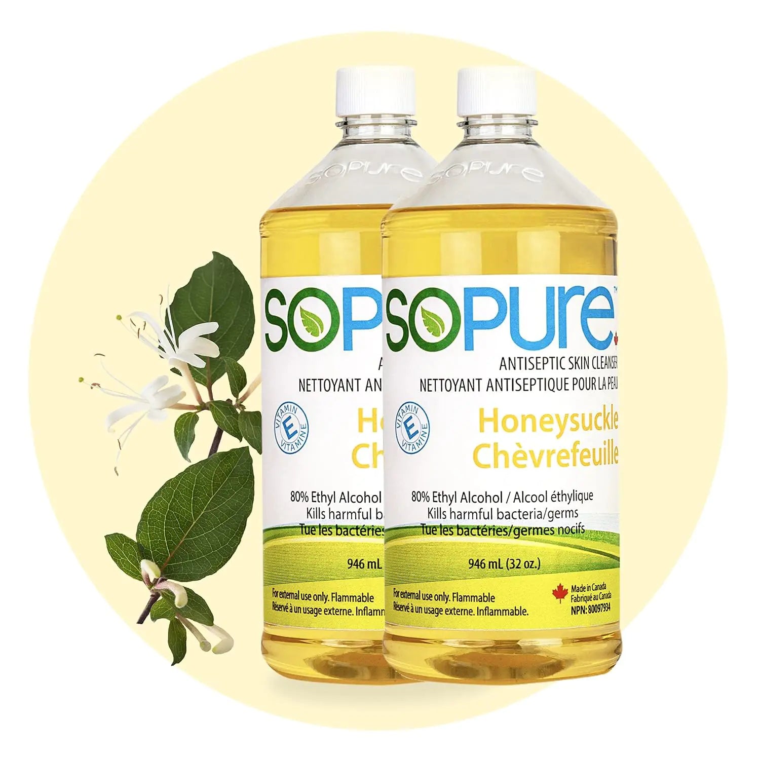 Sopure 2X945mL Honeysuckle Hand Sanitizer Refill Bottles - 80% USP Grade Ethyl Alcohol/Natural vegetable ingredients/Vitamin E/Non-sticky/Moisturizing/Effectively killing bacteria and viruses