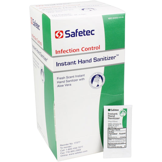 Hand sanitizer Fresh in 0.9g pouches, hygiene product from quakekits.com, 144 pouches per box for on-the-go sanitation.