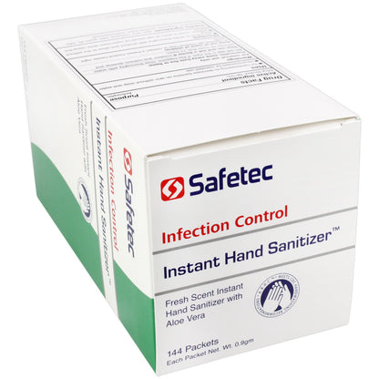 Hand sanitizer Fresh in 0.9g pouches from Quakekits.com, 144 per box, for hygiene and hand cleanliness.