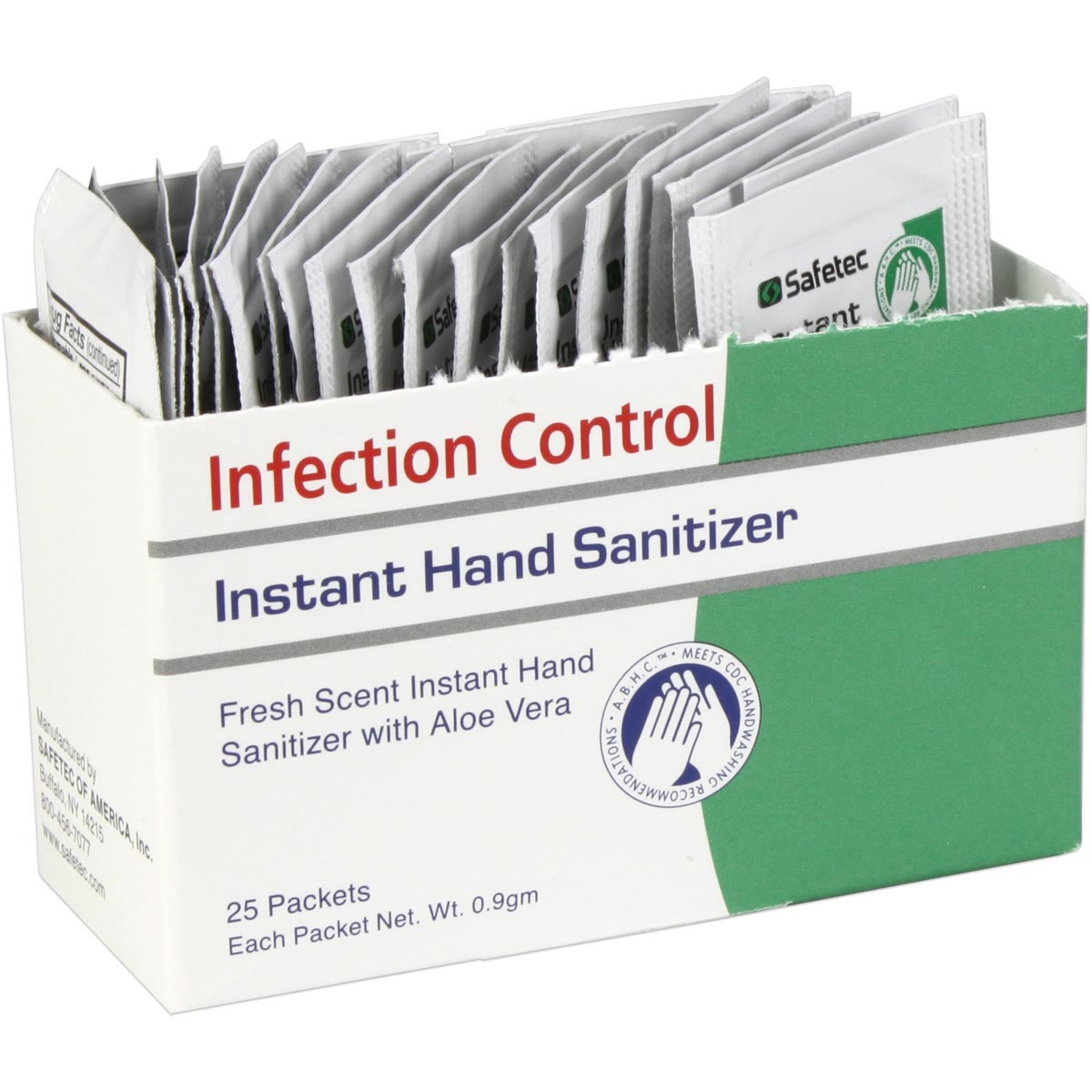 Hand sanitizer Fresh in 0.9g pouches, hygiene product from quakekits.com, shown in a box with 25 pouches for on-the-go sanitization.