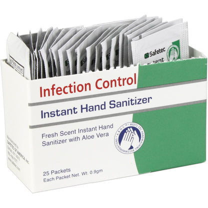 Hand sanitizer Fresh in 0.9g pouches, hygiene product from quakekits.com, shown in a box with 25 pouches for on-the-go sanitization.