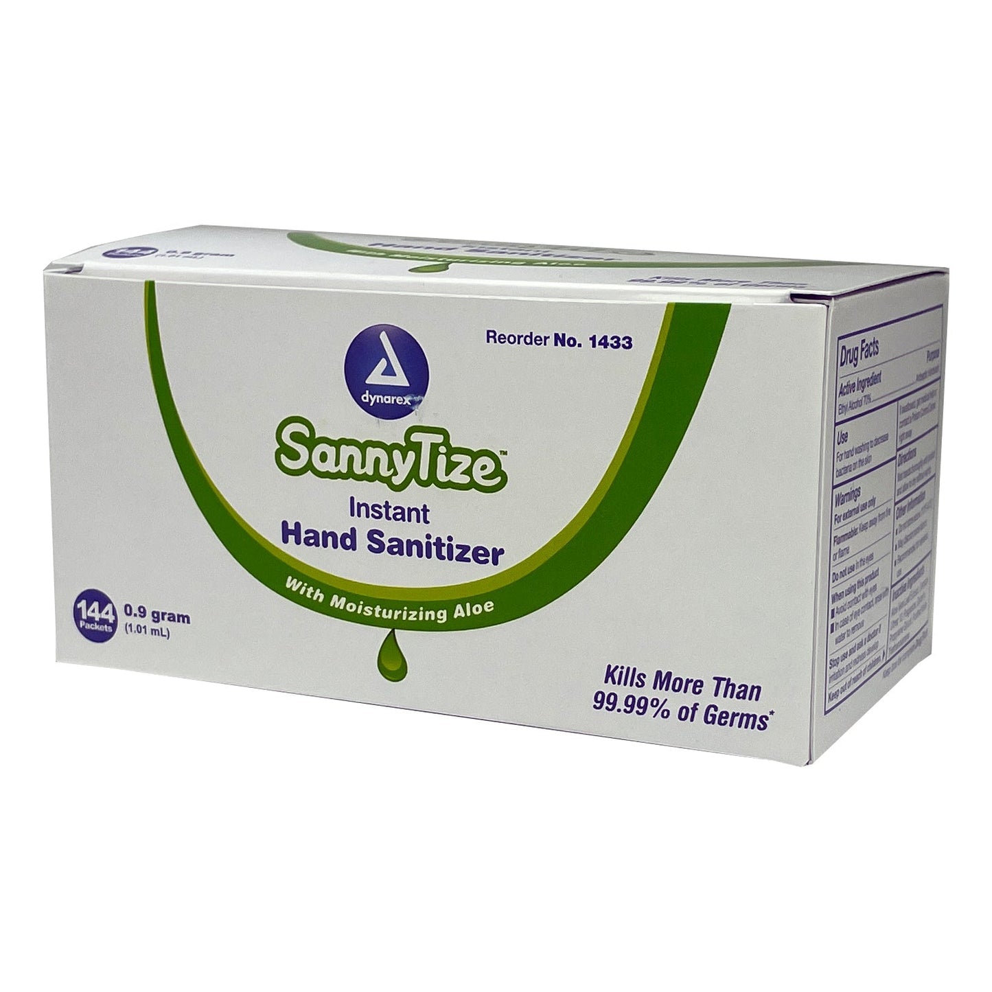 SannyTize Instant Hand Sanitizer packets by quakekits.com, 0.9g each, in a box of 144 for hygiene and sanitation.