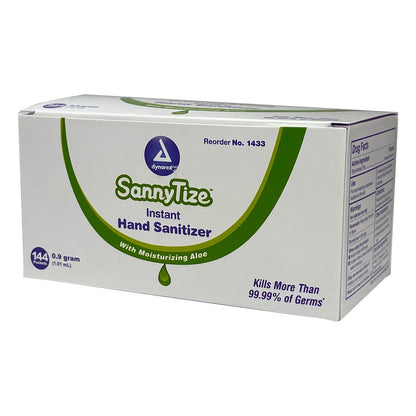 SannyTize Instant Hand Sanitizer packets by quakekits.com, 0.9g each, in a box of 144 for hygiene and sanitation.
