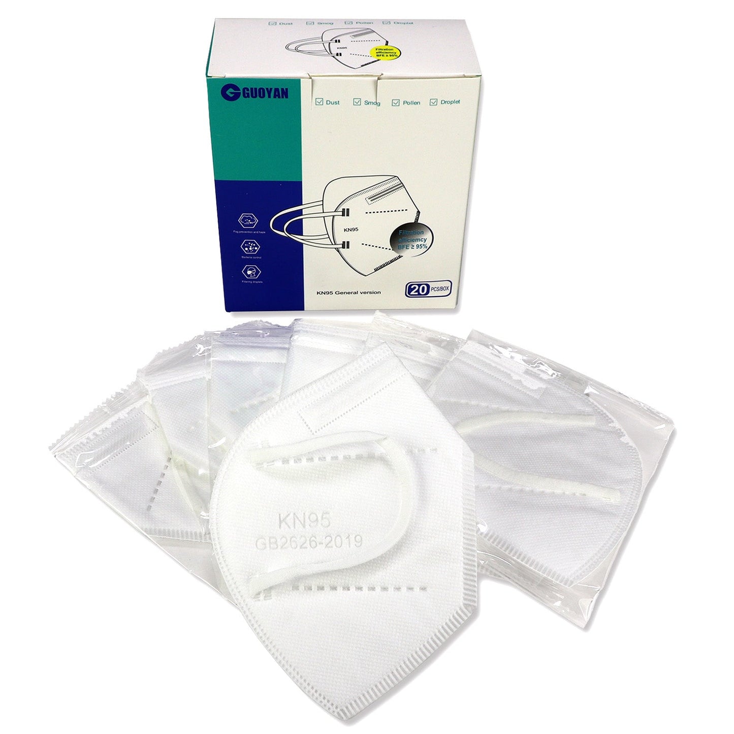 20-pack of KN95 masks from QuakeKits, showing protective masks with adjustable ear loops and filter layers for safety.