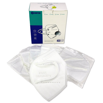 20-pack of KN95 masks from QuakeKits, showing protective masks with adjustable ear loops and filter layers for safety.