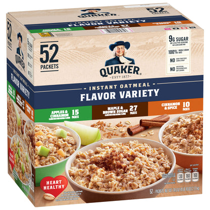 Assorted Quaker Instant Oatmeal variety pack with 52 single-serve packets, 1.51 oz each, featuring different flavors.