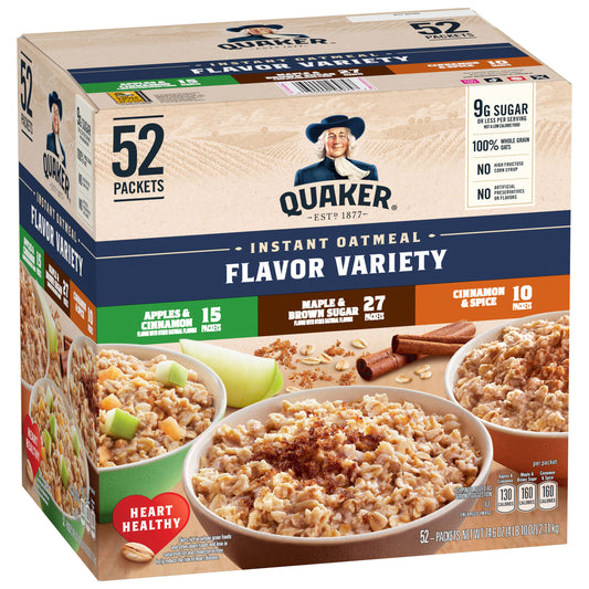 Assorted Quaker Instant Oatmeal variety pack with 52 single-serve packets, 1.51 oz each, featuring different flavors.