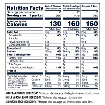 Assorted Quaker Instant Oatmeal Variety Pack with 52 single-serve packets, each 1.51 oz, in colorful packaging.