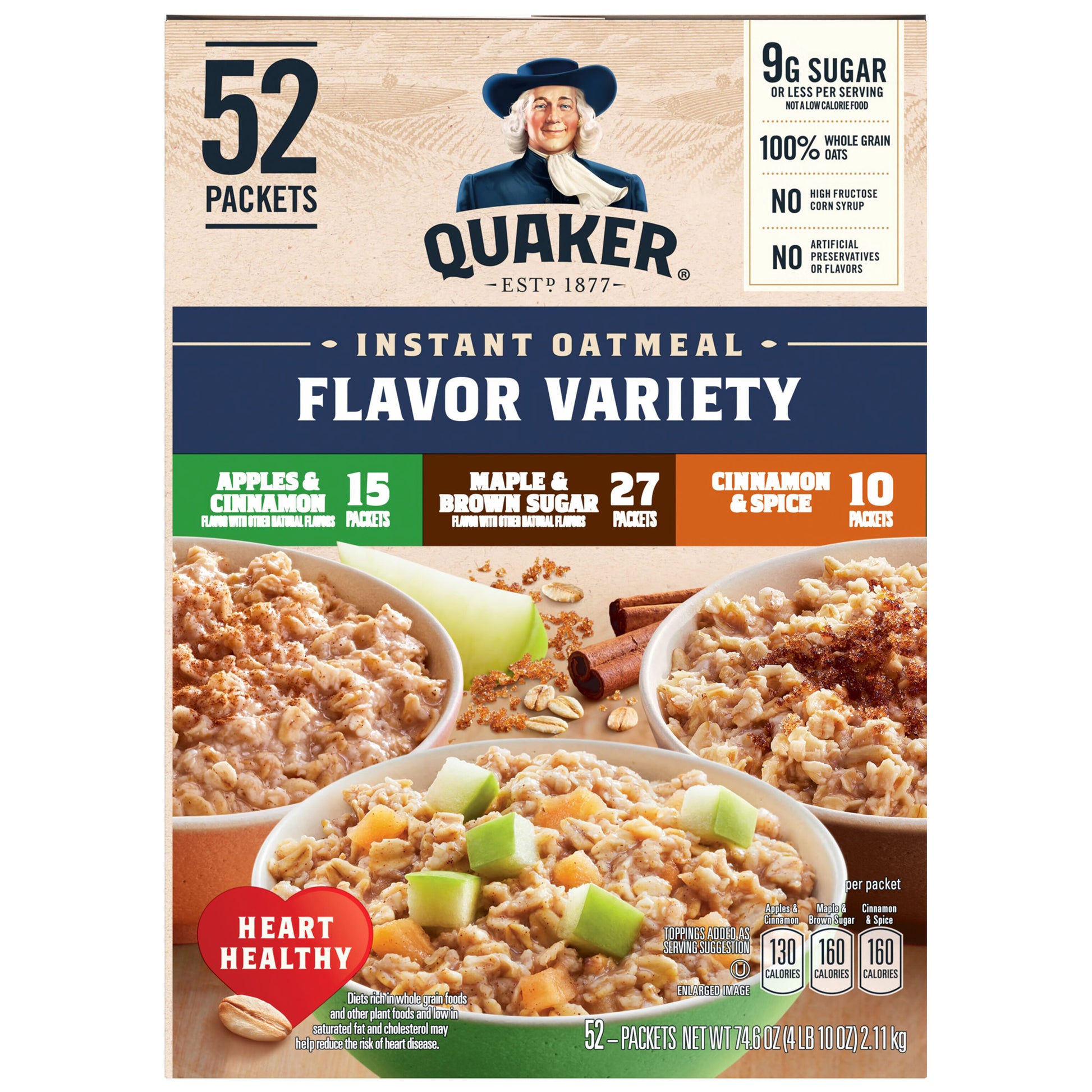 Assorted Quaker Instant Oatmeal variety pack with 52 single-serving 1.51 oz packets, featuring different flavors in a colorful box.