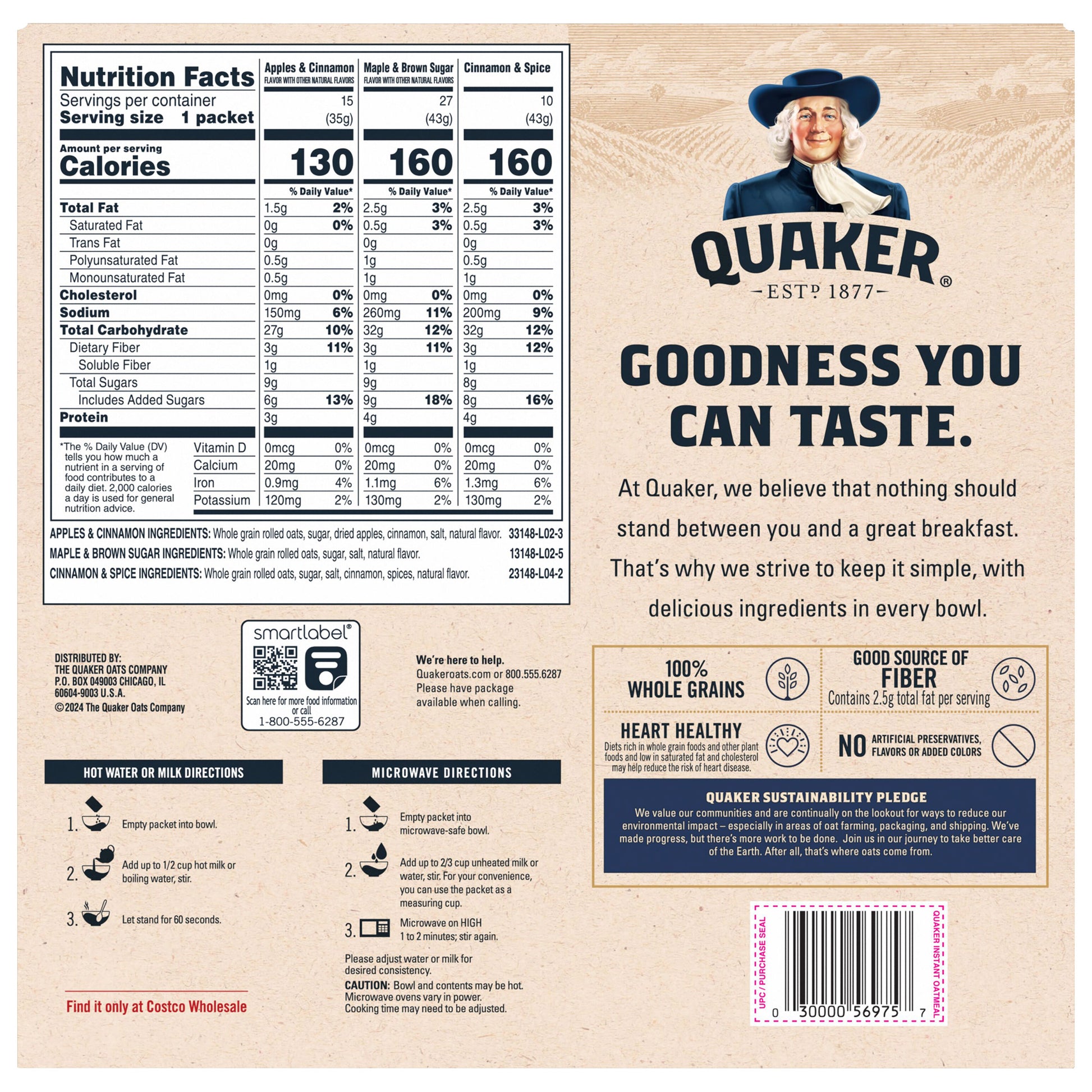 Assorted Quaker Instant Oatmeal packets in a variety pack, 1.51 oz each, 52-count box of quick breakfast oatmeal.