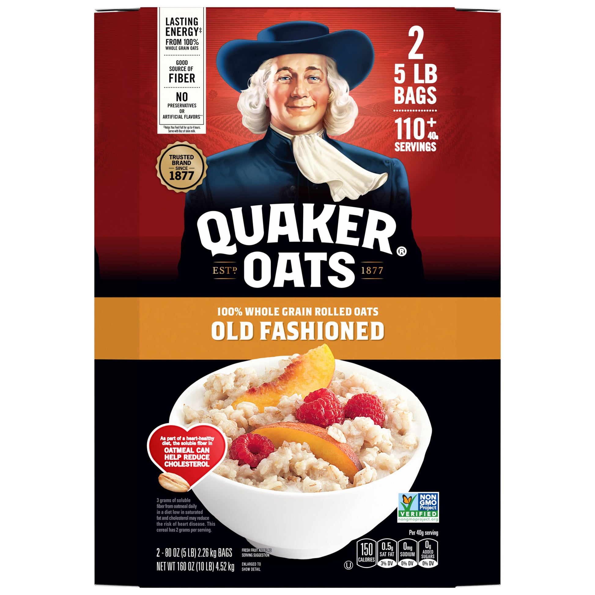 Bag of Quaker Oats Old Fashioned Rolled Oats in a 10-pound package, showing the oatmeal oats inside.