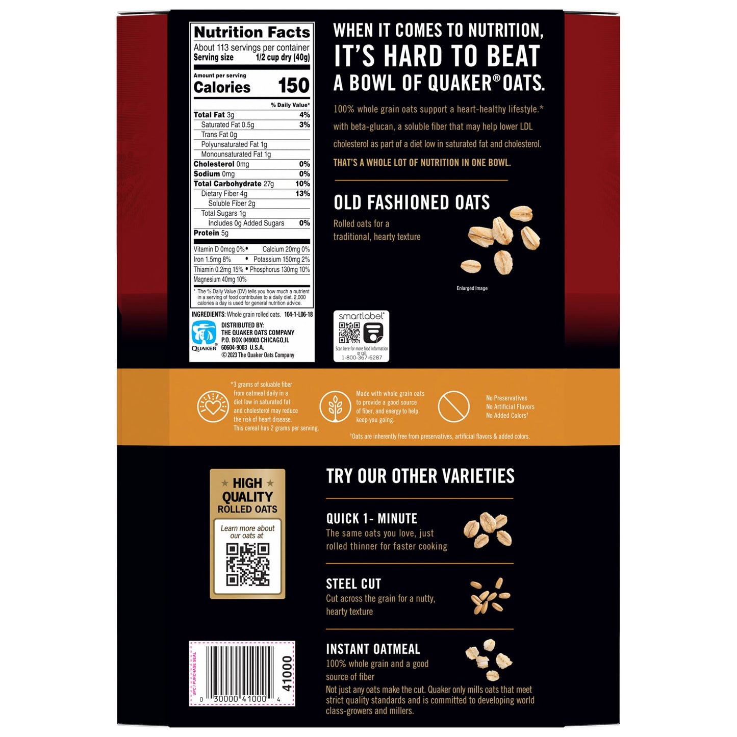 Quaker Oats Old Fashioned Rolled Oats in a 10-pound bag, showing oatmeal grains in a clear bag with Quaker branding.