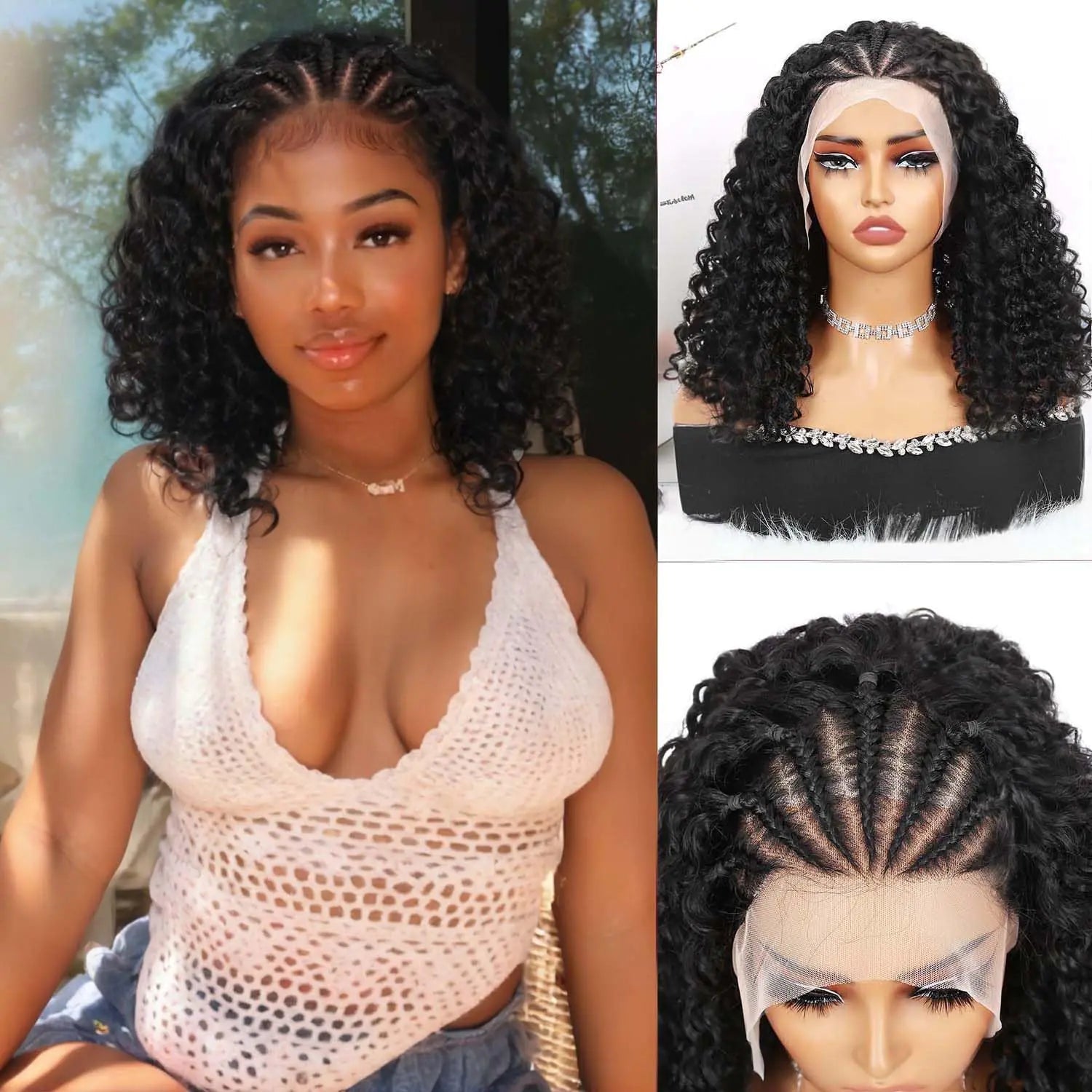 Quantum Love Braided Wigs for Black Women Braids Cornrows Lace Curly Wigs 16 Inch Lace Frontal Braided Fully Curly Bob Synthetic Glueless Wigs - BACKUPMYFILESNOW
