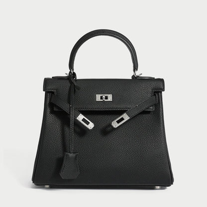 Queens Mini Top Handle Palm-Grain Calfskin Bag – Structured Leather Satchel with Turn-Lock Closure