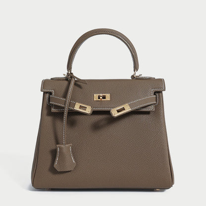 Queens Mini Top Handle Palm-Grain Calfskin Bag – Structured Leather Satchel with Turn-Lock Closure