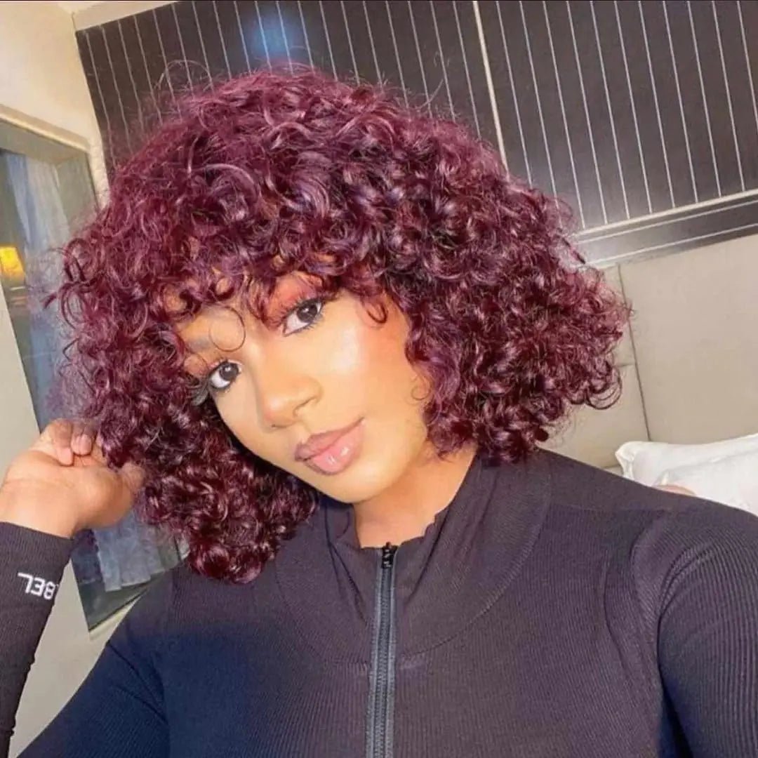Queenset Burgundy Short Curly Human Hair Wigs with Bangs Glueless Wigs for Black Women Wear and Go Red None Lace Front Wigs Human Hair Brazilian Deep Wave Curly Wigs with Bangs 99J - BACKUPMYFILESNOW