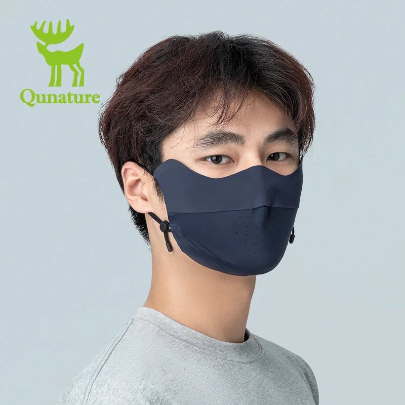 Dark gray UV protection face mask by Qunature Global, breathable, adjustable, with eye coverage, reusable, designed for face protection.