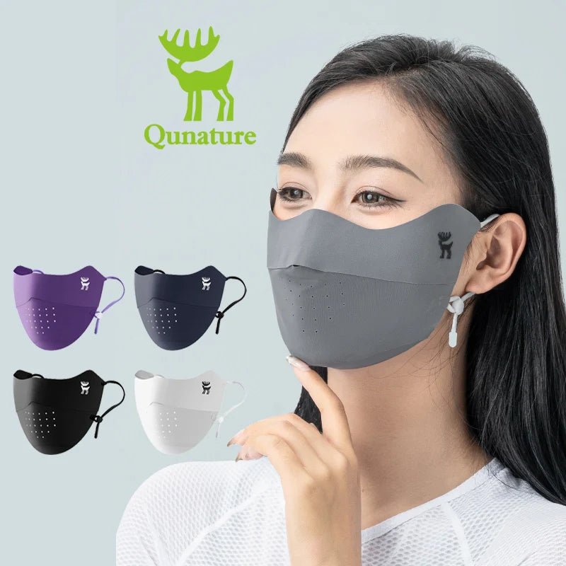 Dark gray Qunature Global UV protection face mask with breathable fabric, adjustable fit, eye coverage, and reusable design.