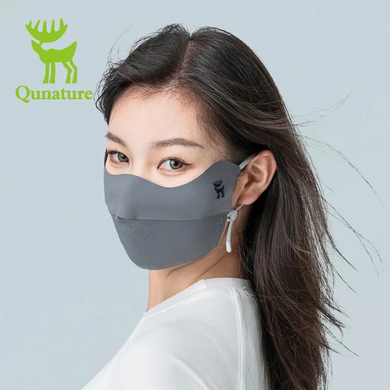 Dark gray Qunature Global UV protection face mask with breathable fabric, eye coverage, adjustable fit, and reusable design.