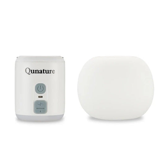Qunature Global mini air pump in white with 4.5KPa pressure, 1600mAh battery, and built-in camping light for inflating and outdoor use.