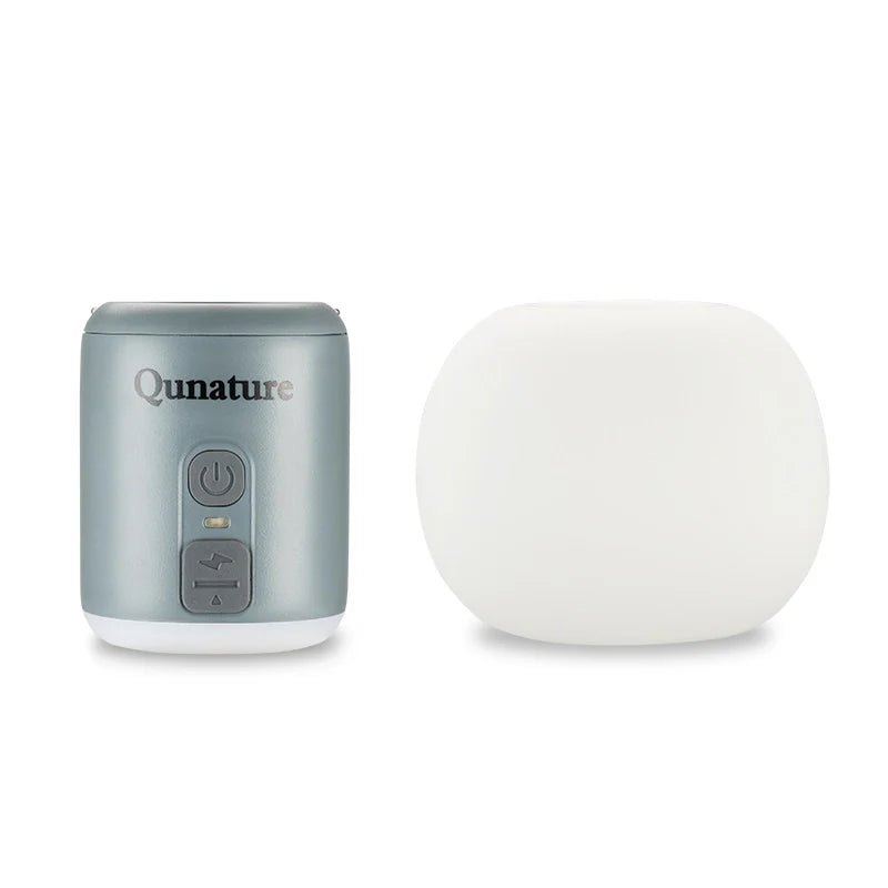Qunature Global mini air pump with 4.5KPa pressure, 1600mAh battery, and built-in camping light, shown in white.