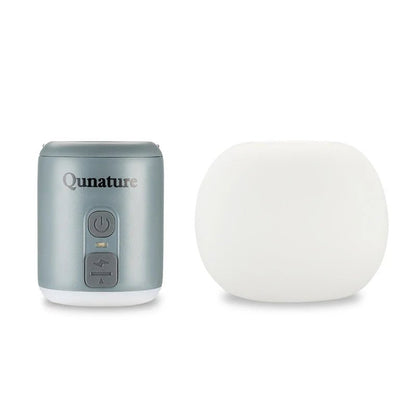 Qunature Global mini air pump with 4.5KPa pressure, 1600mAh battery, and built-in camping light, shown in white.