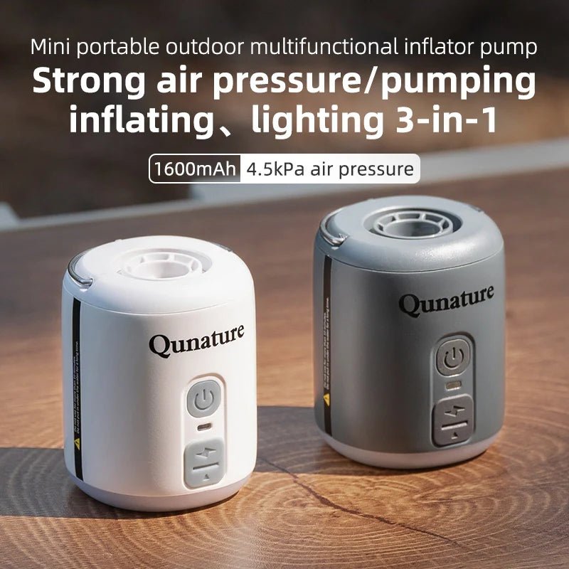 Qunature Global mini air pump in white with 4.5KPa pressure, 1600mAh battery, and integrated camping light.