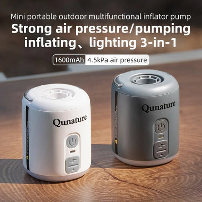 Qunature Global mini air pump in white with 4.5KPa pressure, 1600mAh battery, and integrated camping light.