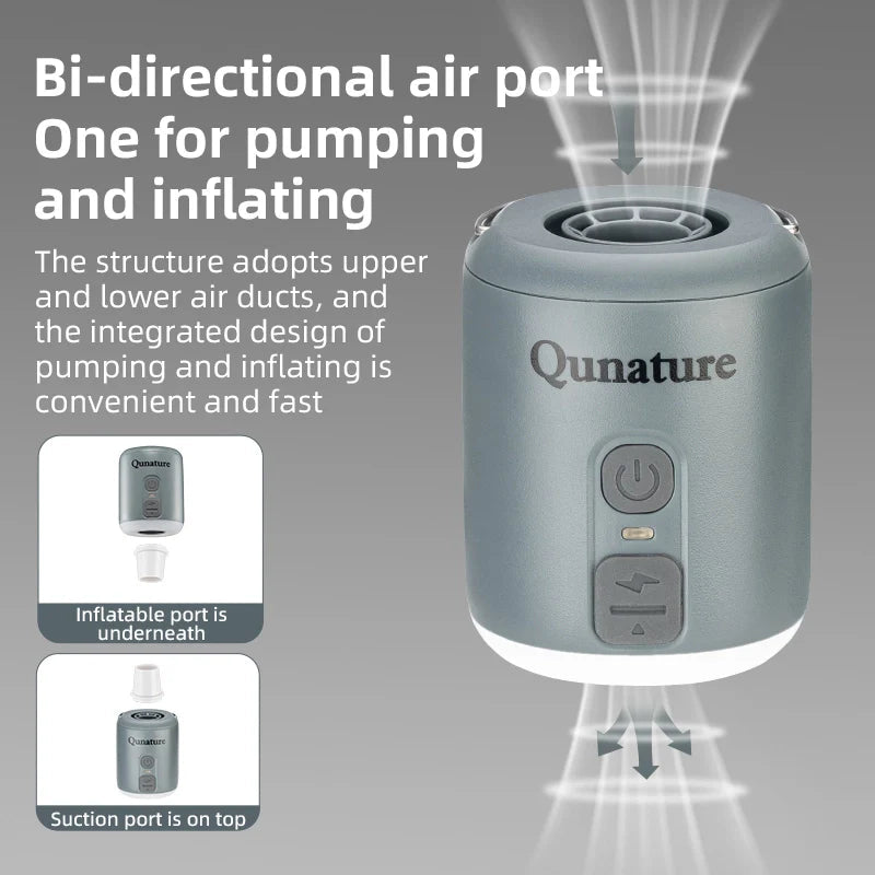 Qunature Global Mini Air Pump with 4.5KPa pressure, 1600mAh battery, and built-in camping light, in white color.