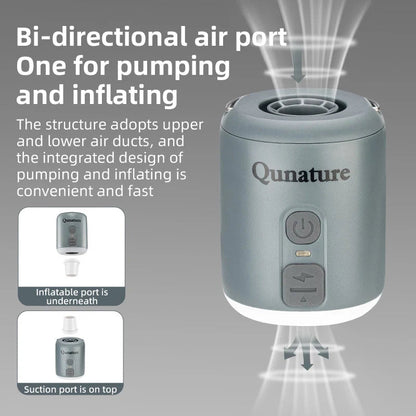 Qunature Global Mini Air Pump with 4.5KPa pressure, 1600mAh battery, and built-in camping light, in white color.