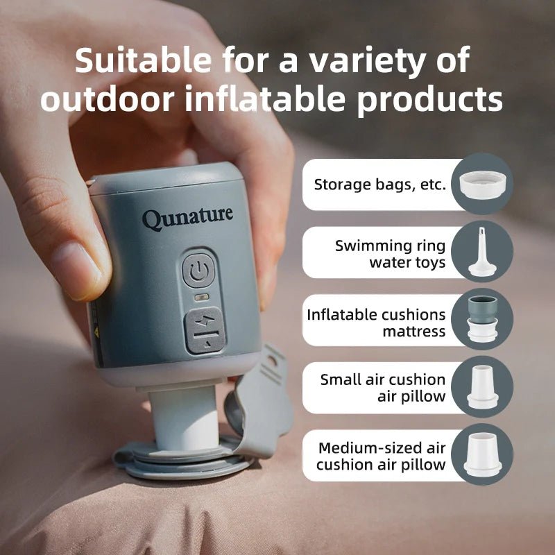 Qunature Global mini air pump in white with 4.5KPa pressure, 1600mAh battery, and built-in camping light.
