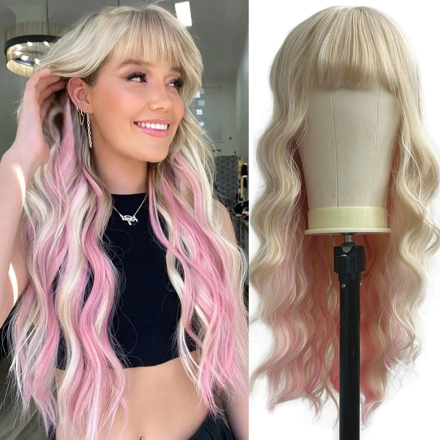QYDEERY Blonde Mixed Pink Wig with Bangs for Women Synthetic Wigs Long Blonde Wavy Wigs Highlight Wigs for Daily Use 26 inch - BACKUPMYFILESNOW