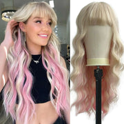 QYDEERY Blonde Mixed Pink Wig with Bangs for Women Synthetic Wigs Long Blonde Wavy Wigs Highlight Wigs for Daily Use 26 inch - BACKUPMYFILESNOW