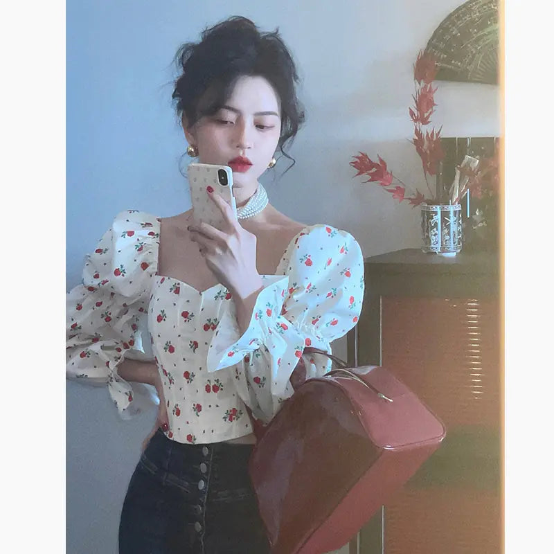 Slim Fit French Puff Sleeve Square Neck Shirt