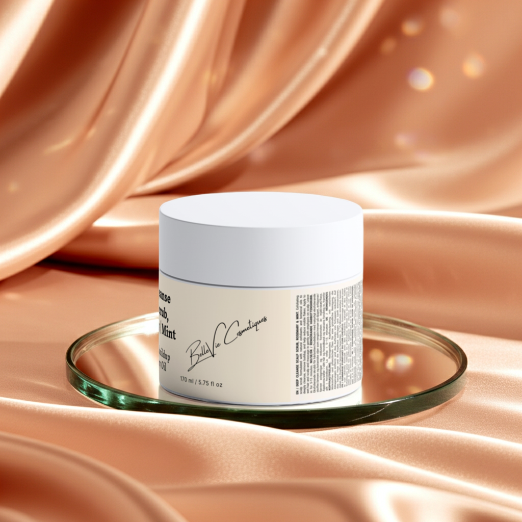 Belleviecosmetic Deep Cleanse Scalp Scrub with rosemary and mint, exfoliating, refreshing hair care product in 170ml container.