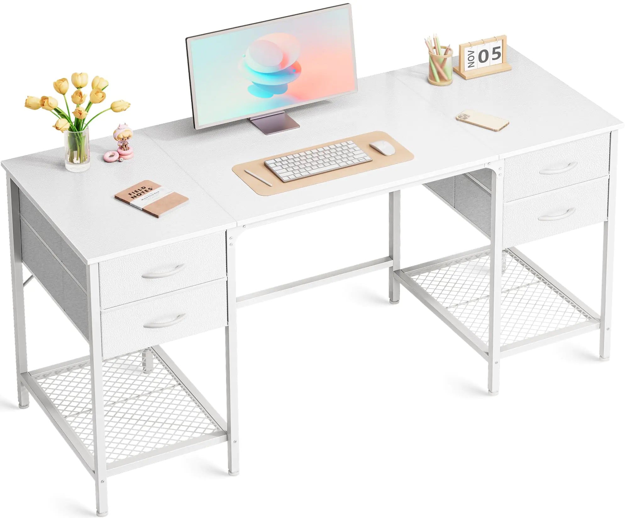 Huuger 55 Inch Computer Desk with 4 Drawers Office Desk with Mesh Shelf Gaming Desk Large Storage Writing Desk Work Desk for Home Office Study Bedroom Work from Home White