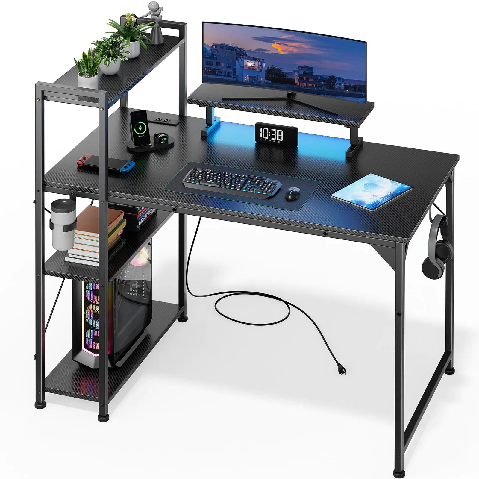 DOMICON Computer Desk with LED Light 42-55 Inch Gaming Desk with Reversible Storage Shelves Office Desk with Power Outlets Corner Desk for Home Office Small Space Desk Black Carbon Fiber (55)