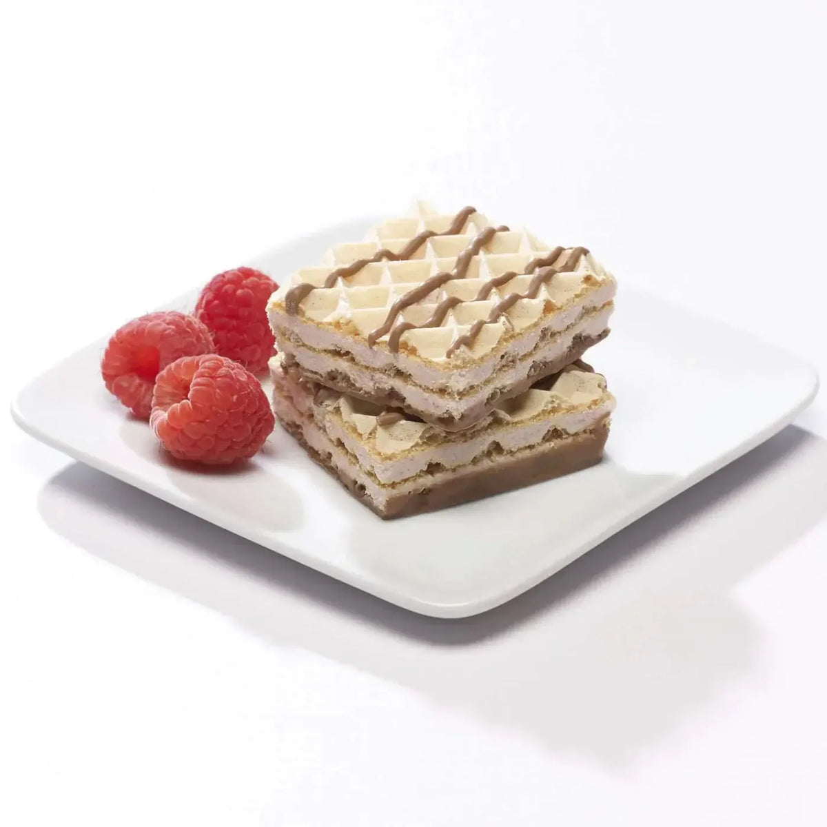 AmBari Nutrition Proti Wafer Squares bars with crispy wafer layers and chocolate coating, shown in a close-up image.