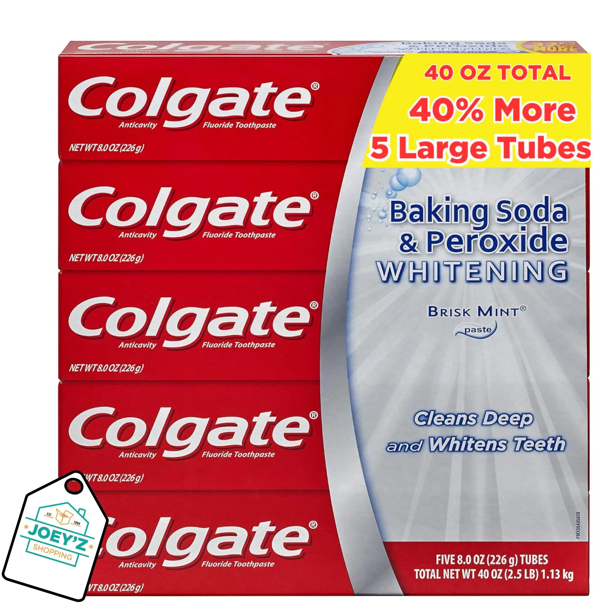 5 Pack 40oz Value Pack: Baking Soda and Peroxide Toothpaste Whitening Toothpaste with Baking Soda Toothpaste Whitening Tooth Paste/Baking Soda Toothpaste Bundle w/Joeyz Decal