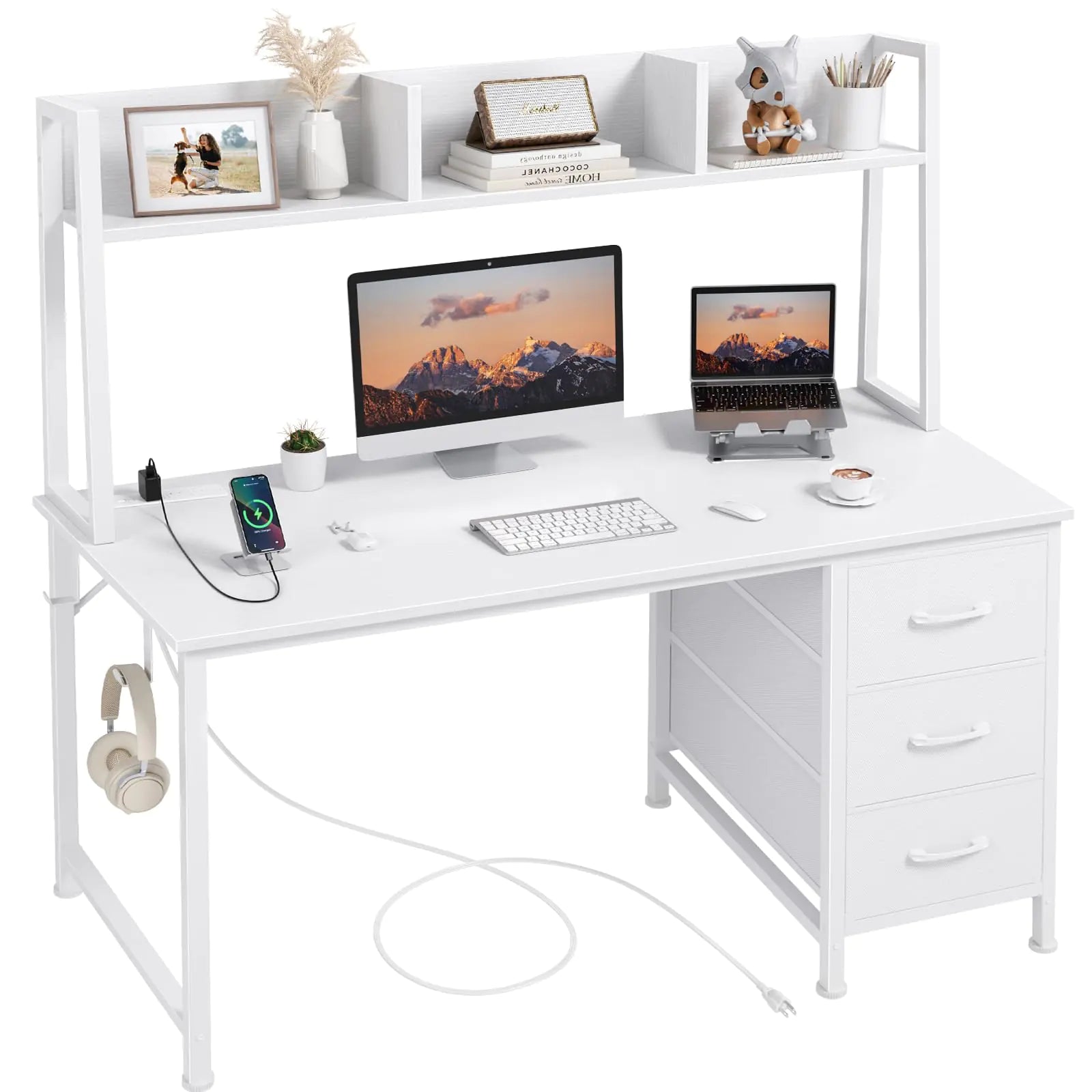 White Computer Desk with Hutch & Drawers - Office Desk with 3 Storage Drawers and Power Outlets 47 Inch Modern Study Writing Desk for Bedroom Home Office
