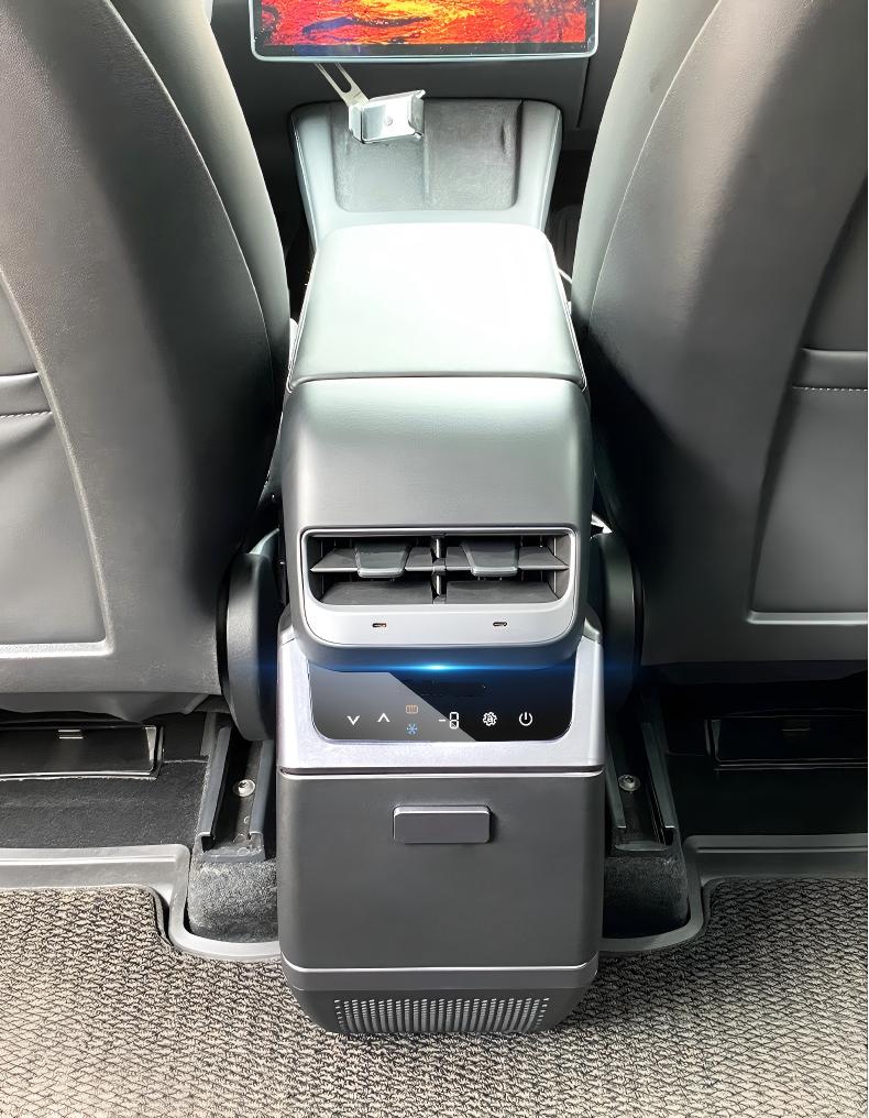 Tesla Model Y rear armrest box refrigerator with compressor cooling, fast 40-minute cool, easy non-destructive installation by Tesery.