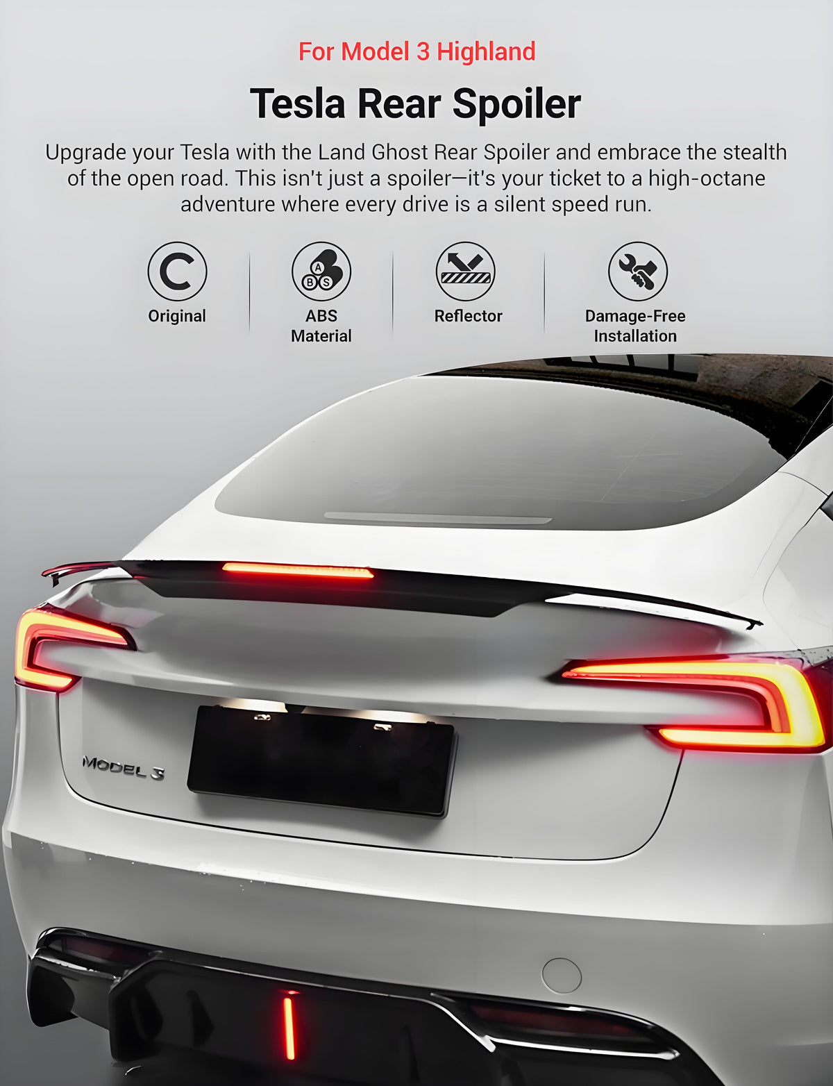 Rear LED spoiler for Tesla Model 3 Highland and Model Y, made of durable ABS, enhances vehicle style and visibility.