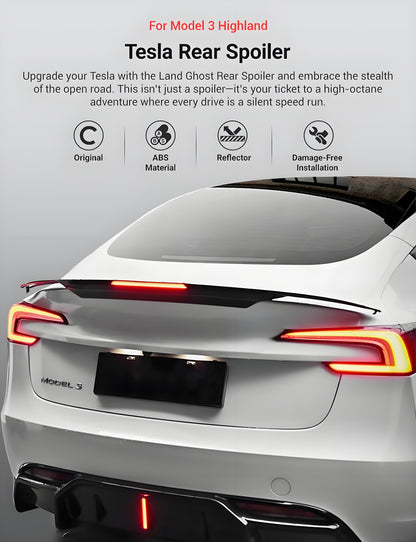 Rear LED spoiler for Tesla Model 3 Highland and Model Y, made of durable ABS, enhances vehicle style and visibility.