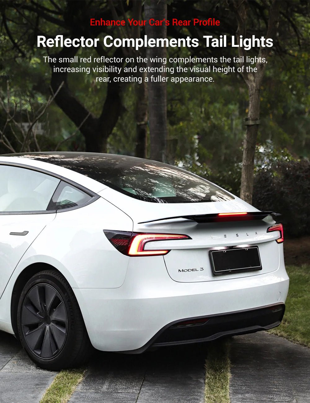 Tesla Model 3 Highland and Model Y ABS rear LED spoiler by Tesery, shown installed on the vehicle's rear for enhanced style.