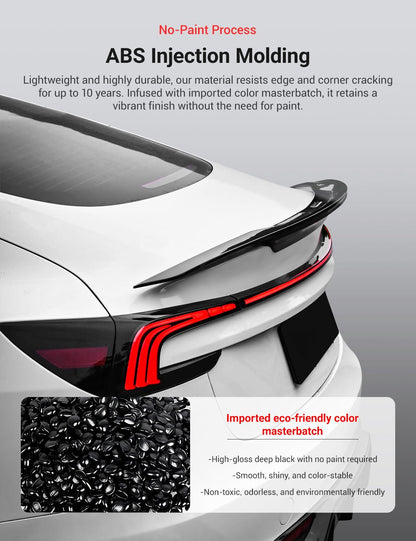 Rear LED spoiler for Tesla Model 3 Highland and Model Y, made of ABS, enhancing vehicle style and visibility.