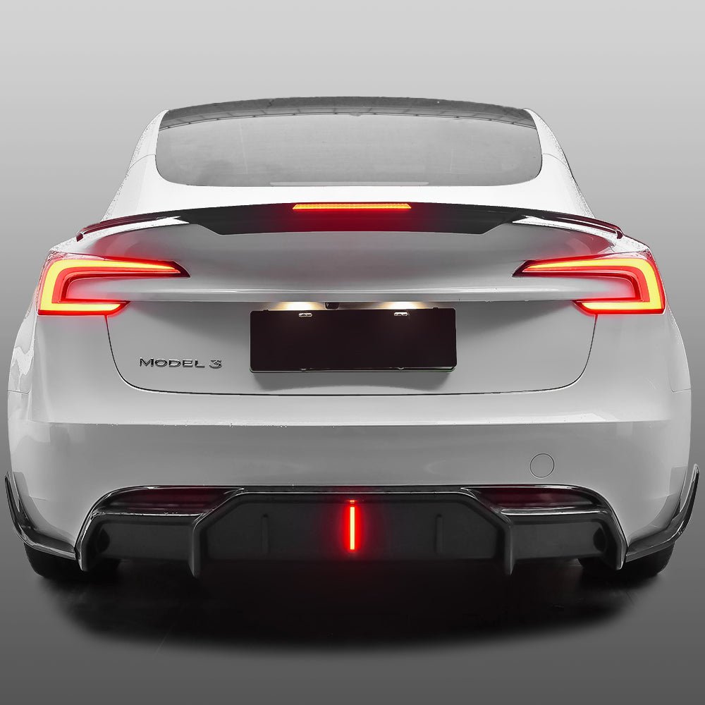 Tesla Model 3 Highland and Model Y rear LED spoiler made of ABS, designed for a sleek, aerodynamic look and enhanced visibility.
