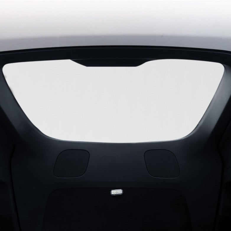 Tesla Model Y rear liftgate sunshade by Tesery Official Store, showing the sunshade installed in the vehicle's rear liftgate area.