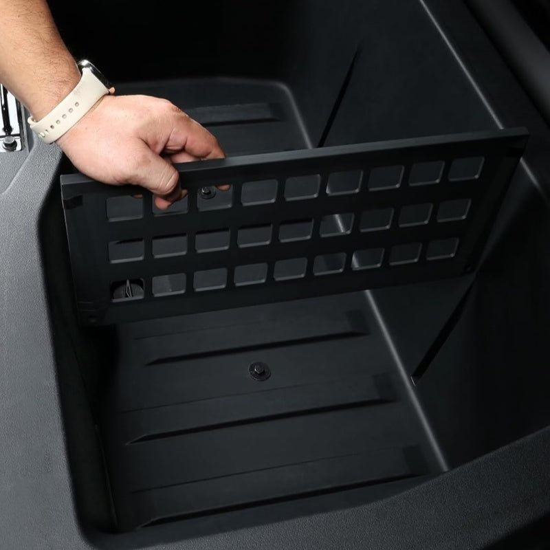 Two black rear trunk lower grille baffles for Tesla Cybertruck, designed for rear trunk protection and style.