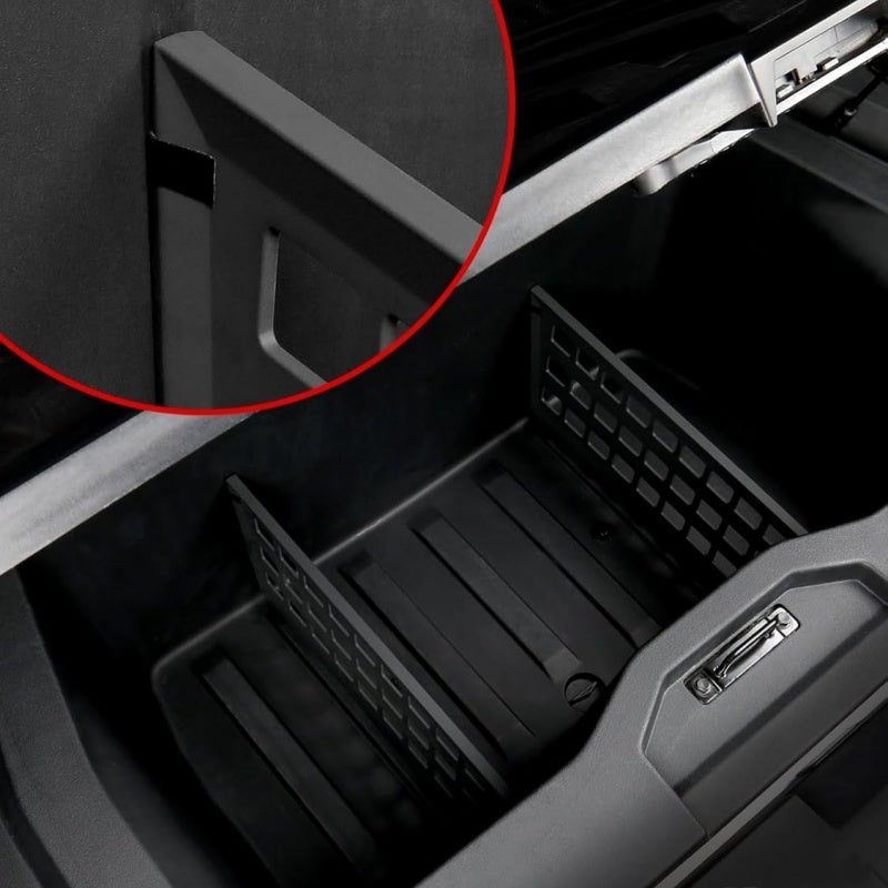 Pair of Tesla Cybertruck rear trunk lower grille baffles, black plastic vent covers for improved airflow and style.